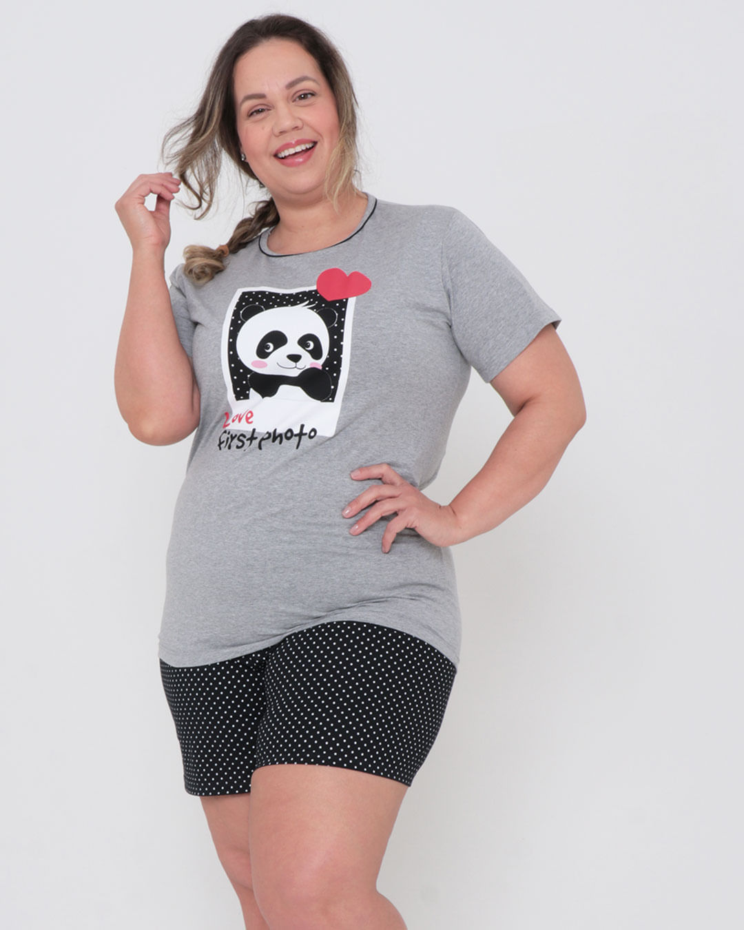 Pijama Feminino Curto Plus Size Estampa Panda Cinza Claro