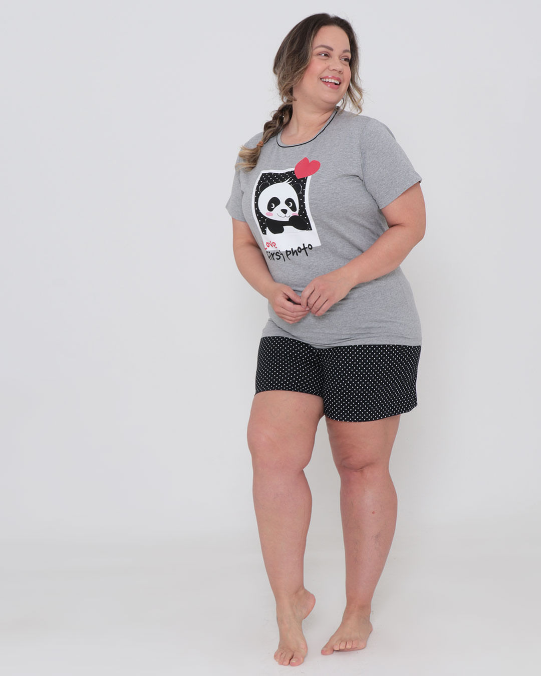 Pijama Feminino Curto Plus Size Estampa Panda Cinza Claro