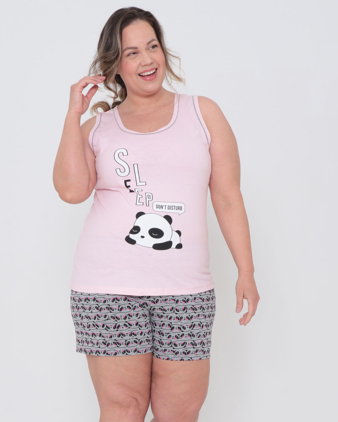 Pijama Feminino Curto Plus Size Estampa Panda Rosa Claro