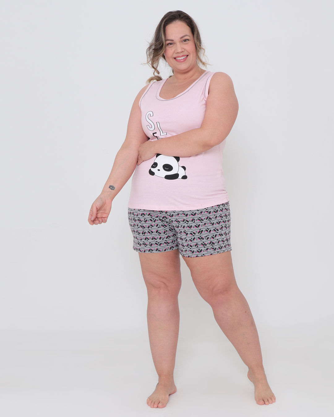 Pijama Feminino Curto Plus Size Estampa Panda Rosa Claro