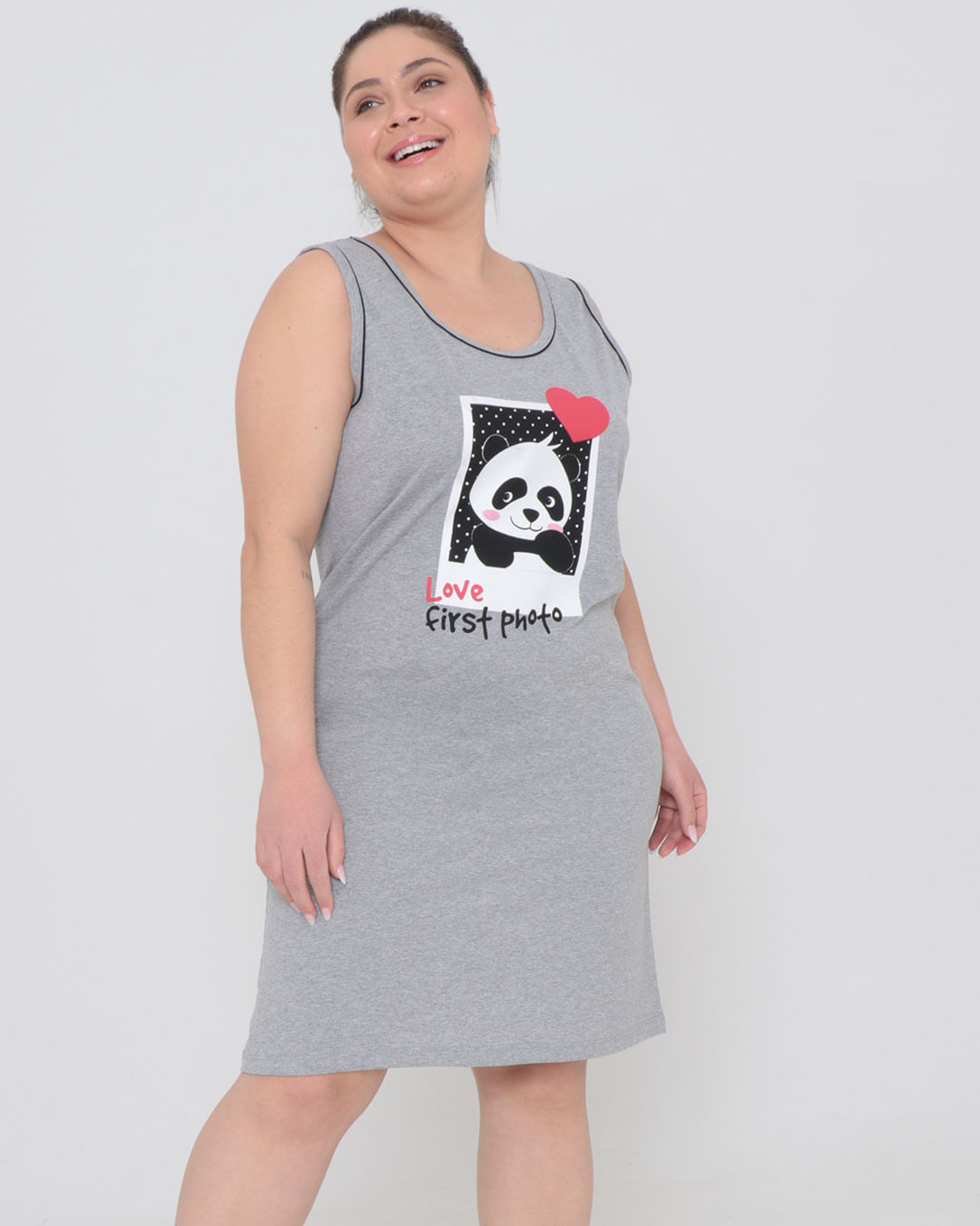 Camisola Regata Plus Size Estampa Panda Cinza Claro