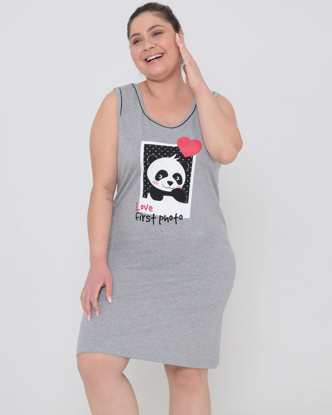 Camisola Regata Plus Size Estampa Panda Cinza Claro