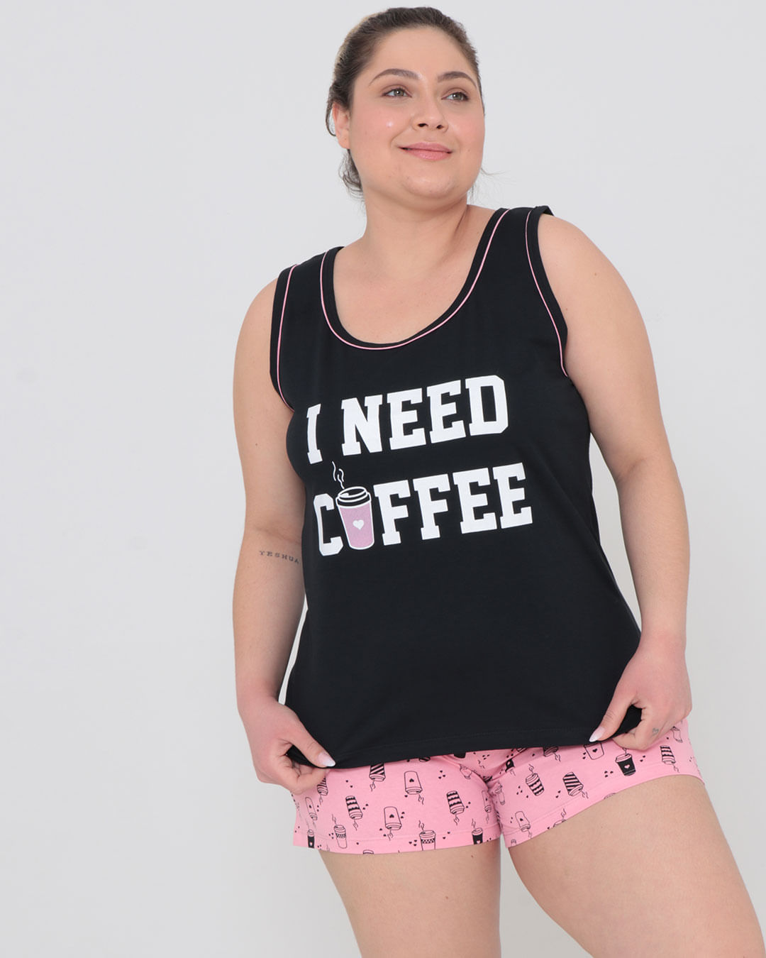 Pijama Plus Size Feminino Estampa Café Preto