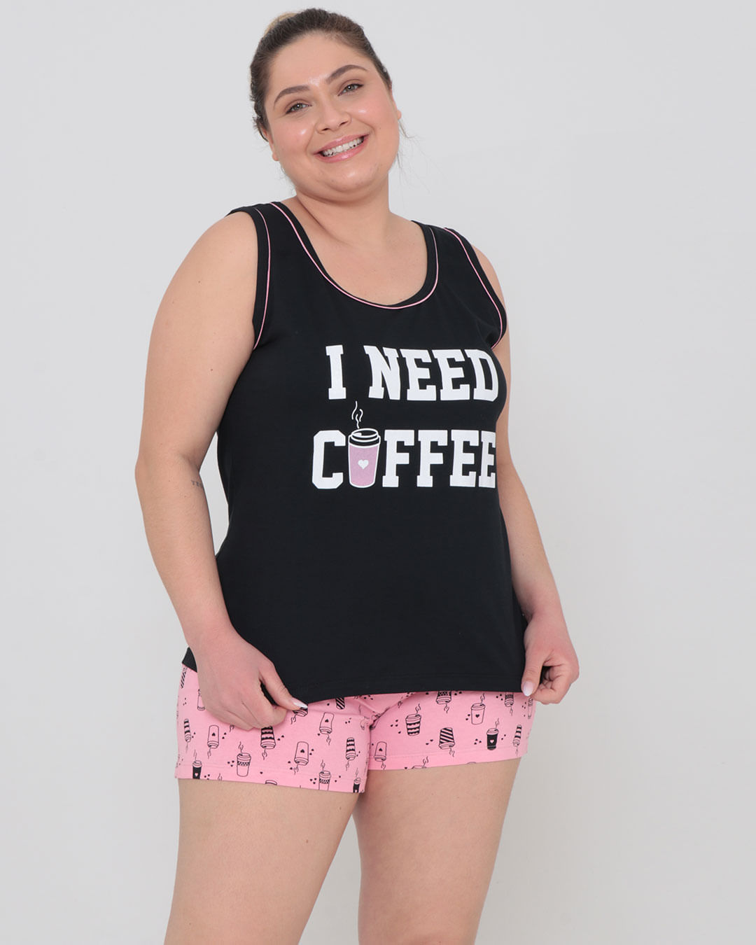 Pijama Plus Size Feminino Estampa Café Preto