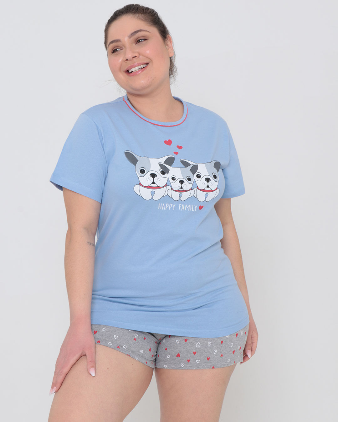 Pijama Plus Size Feminino Estampa Cachorrinho Azul Claro