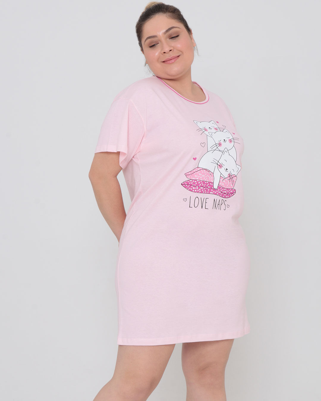 Camisola Plus Size Estampa Gatos Rosa Claro