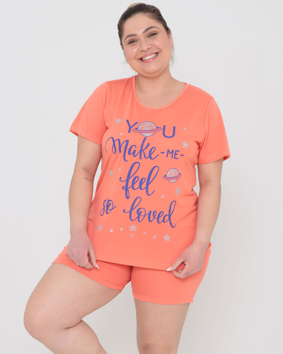 Pijama Plus Size Feminino Estampa Estrelas Laranja