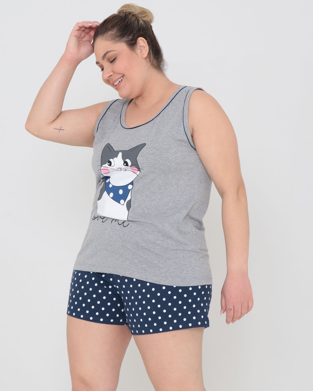 Pijama Plus Size Feminino Estampa Gato Mescla Cinza