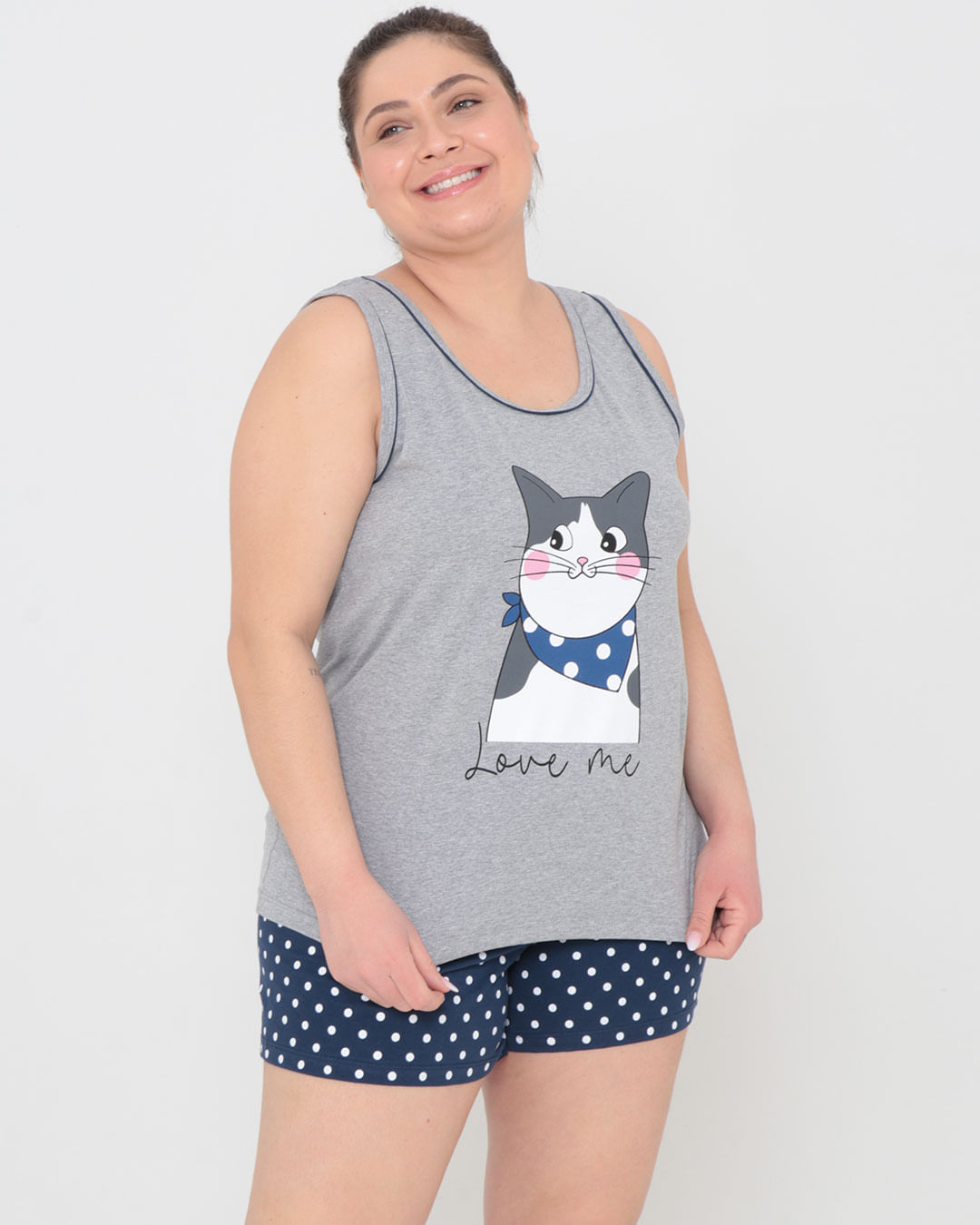 Pijama Plus Size Feminino Estampa Gato Mescla Cinza