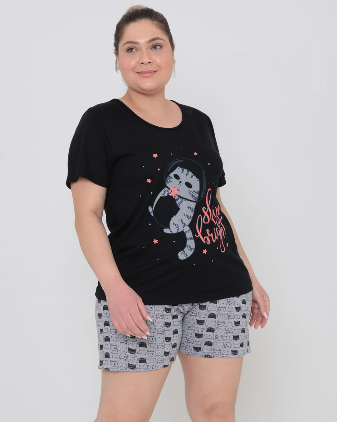 Pijama Plus Size Feminino Estampa Gato Preto