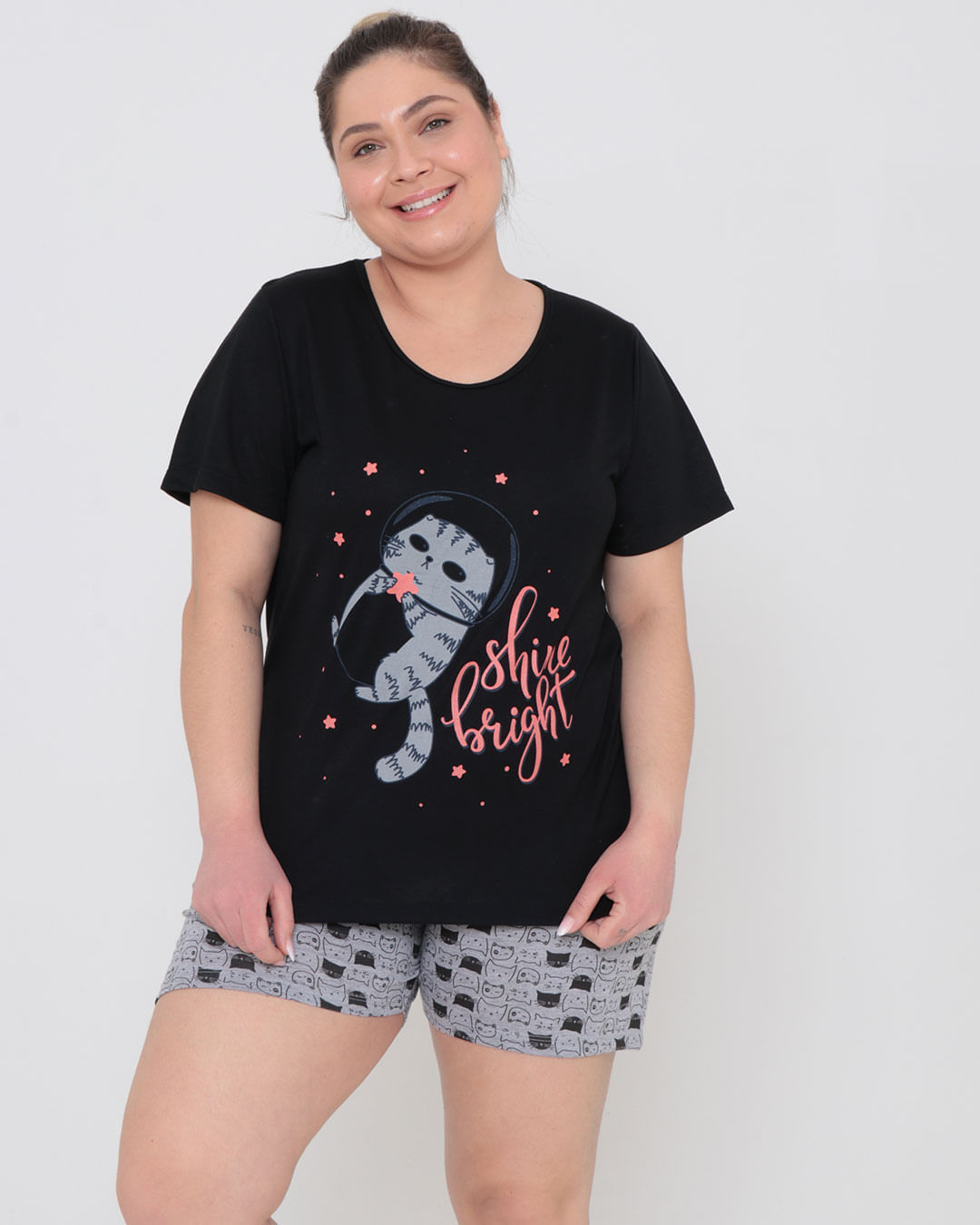 Pijama Plus Size Feminino Estampa Gato Preto