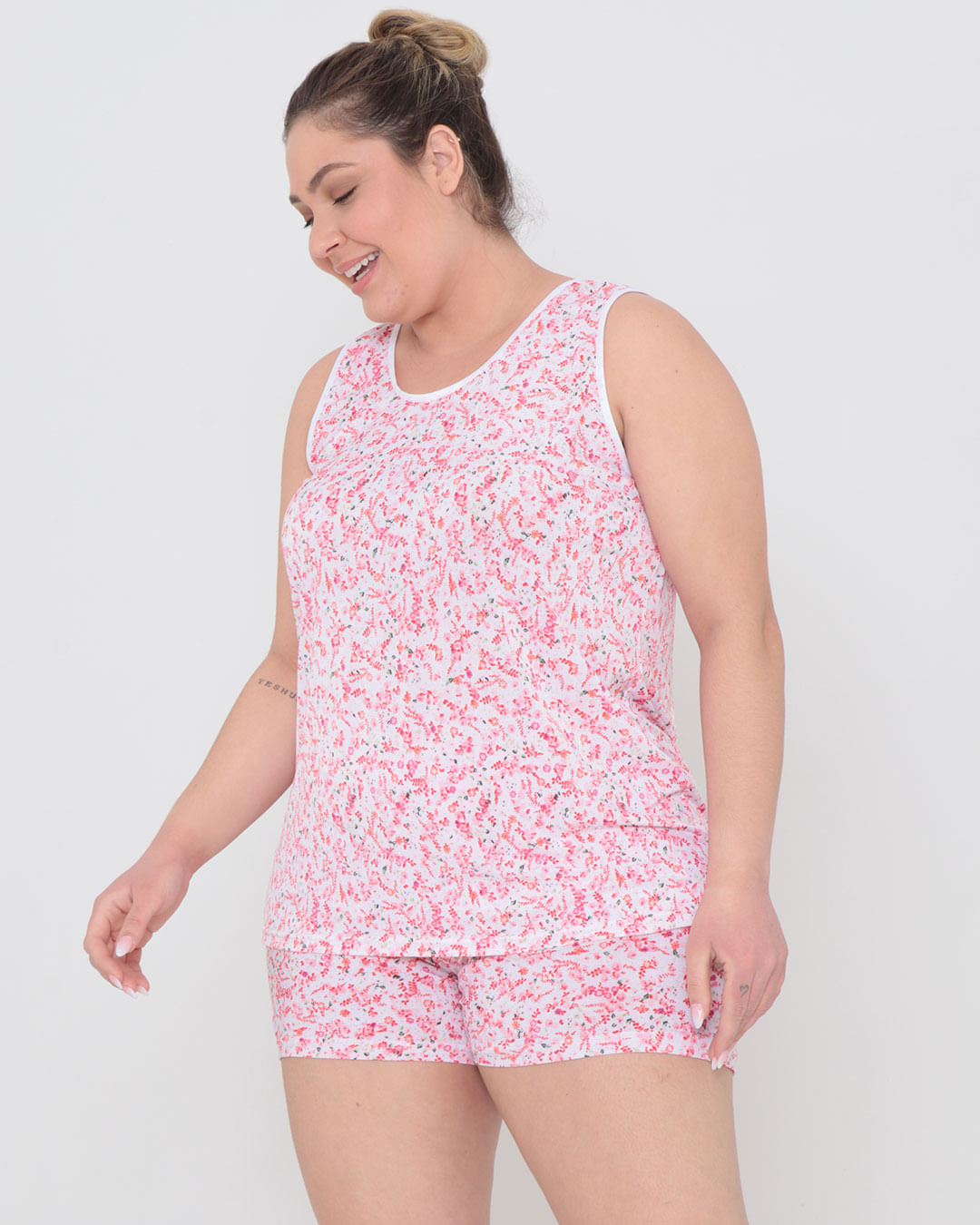 Pijama Plus Size Feminino Estampa Floral Rosa