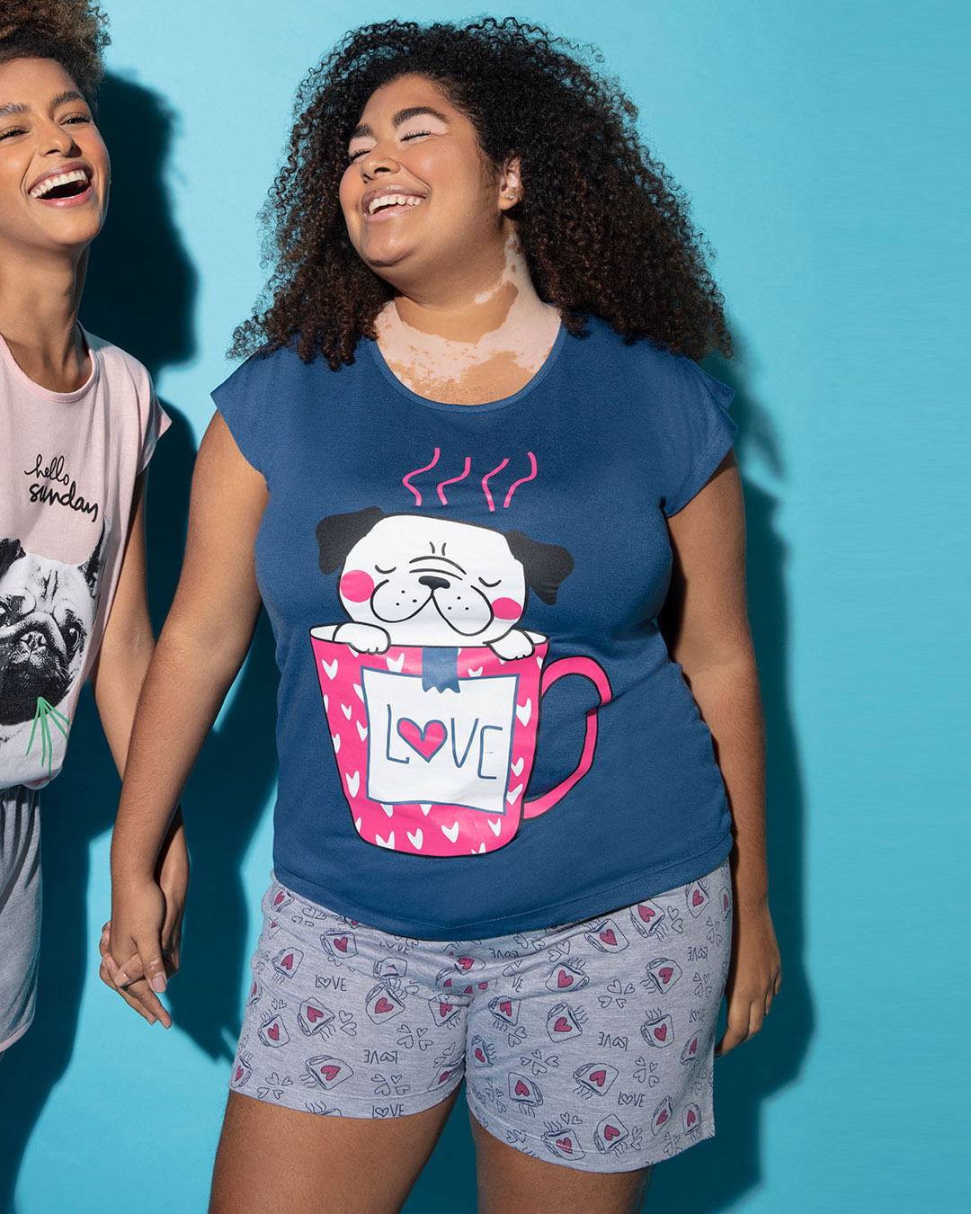 Pijama Feminino Plus Size Estampa Love Azul