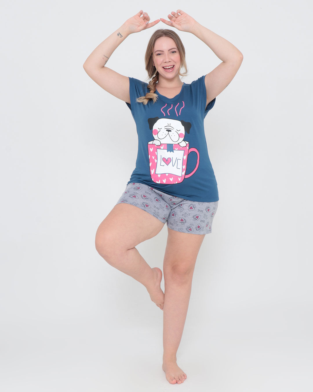 Pijama Feminino Plus Size Estampa Love Azul