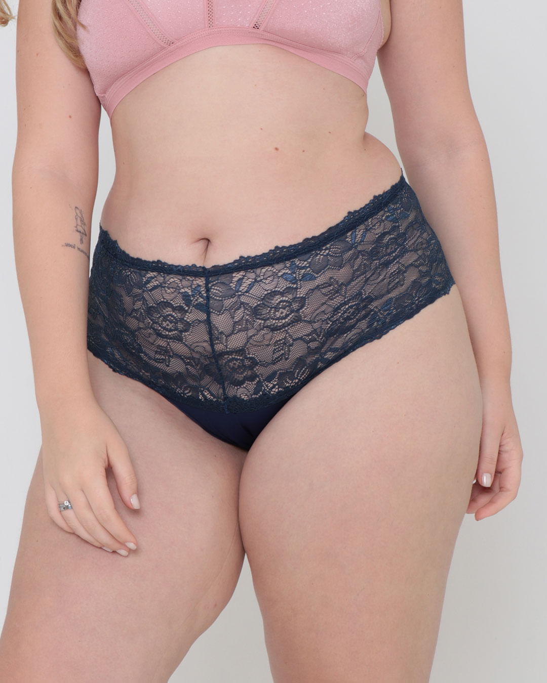 Calcinha Plus Size Alta Avulsa Cós Renda Azul Marinho