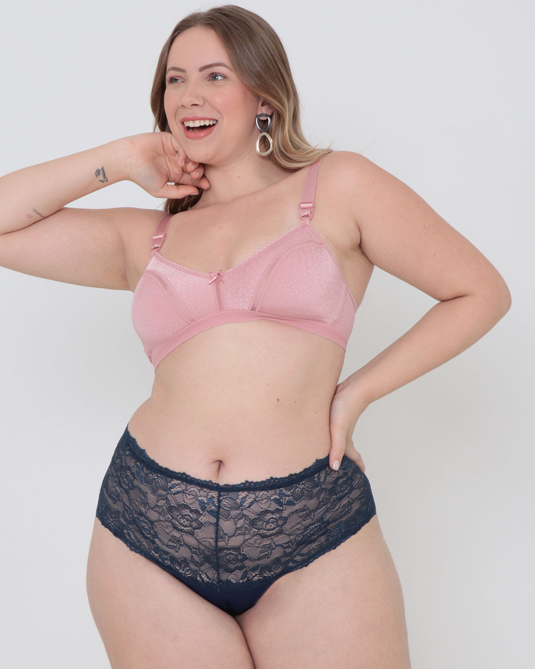 Calcinha Plus Size Alta Avulsa Cós Renda Azul Marinho