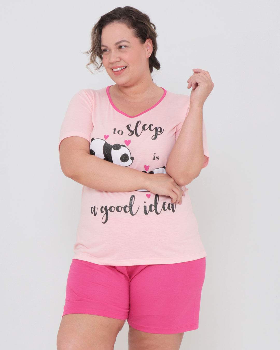 Pijama Plus Size Estampa Panda Rosa