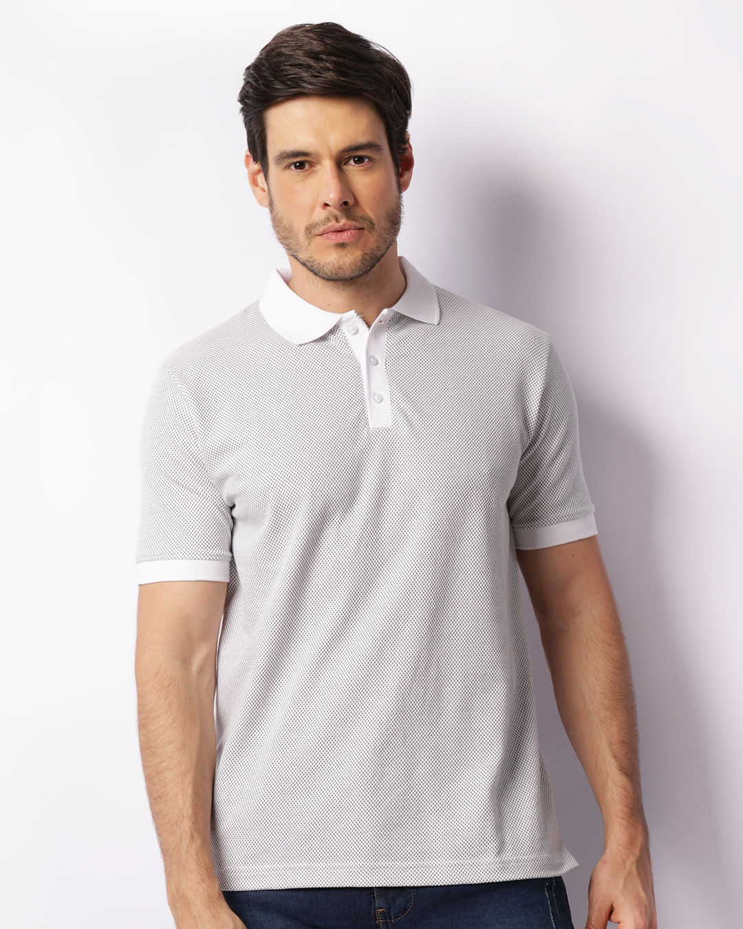 Camisa Polo Masculina Piquet Pontilhada Branca