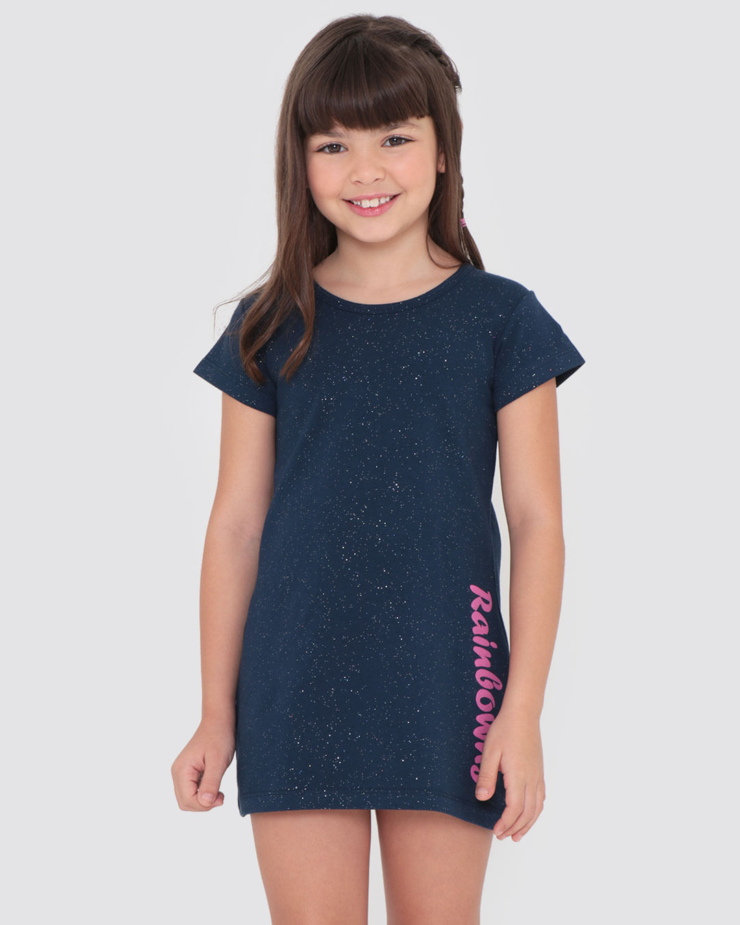 Vestido em cotton cor marinho com brilho e estampa com glitter - Moda  casual e sleepwear para crianças de 0 a 16 anos