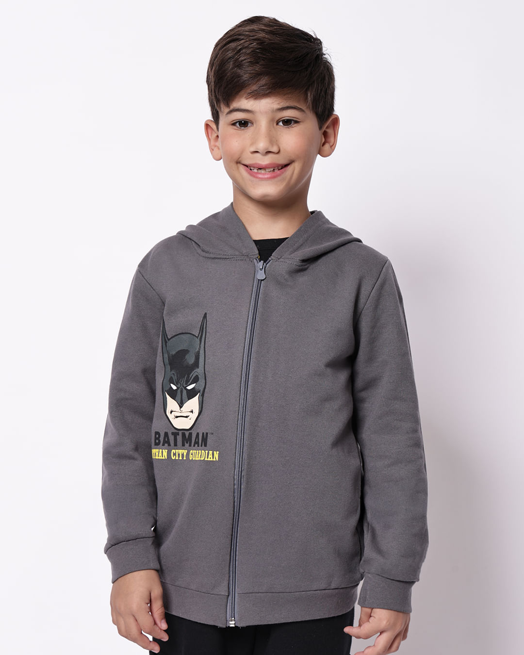 Jaqueta Moletom Infantil Algodão com Capuz DC Batman Cinza