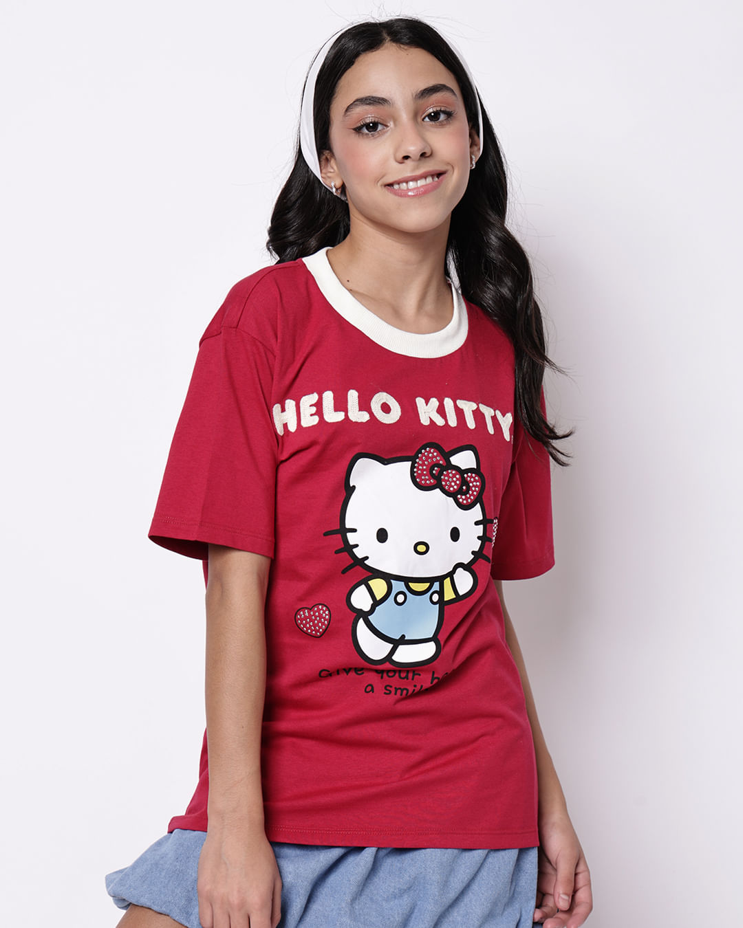Camiseta Juvenil Oversized Algodão Hello Kitty Vinho