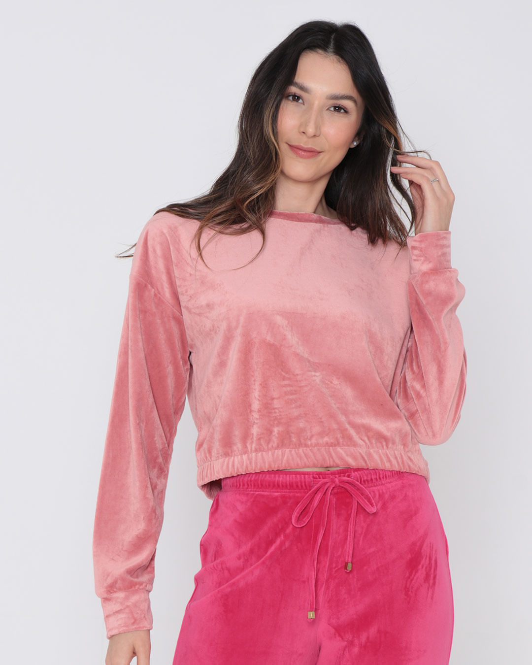 Blusa Feminina Plush Manga Longa Cropped Rosa Clara