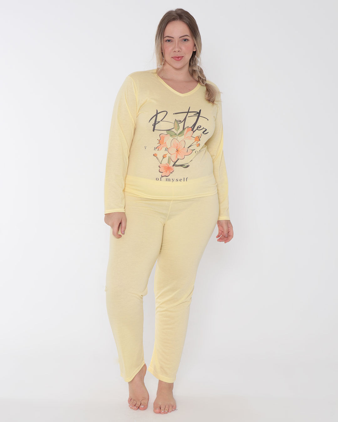 Pijama Feminino Plus Size Longo Decote V Floral  Amarelo Claro