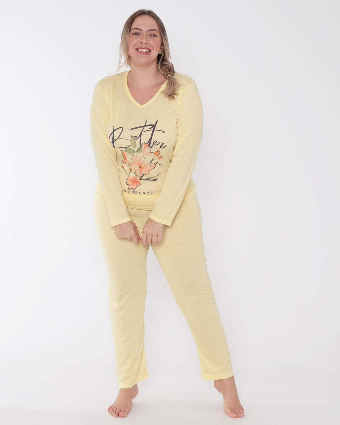 Pijama Feminino Plus Size Longo Decote V Floral  Amarelo Claro