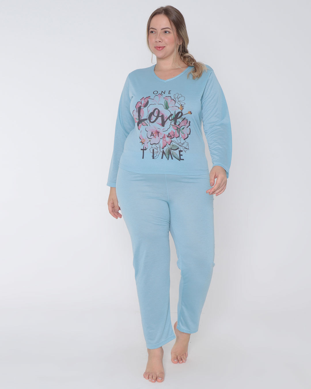 Pijama Feminino Plus Size Longo Decote V Floral  Azul Claro