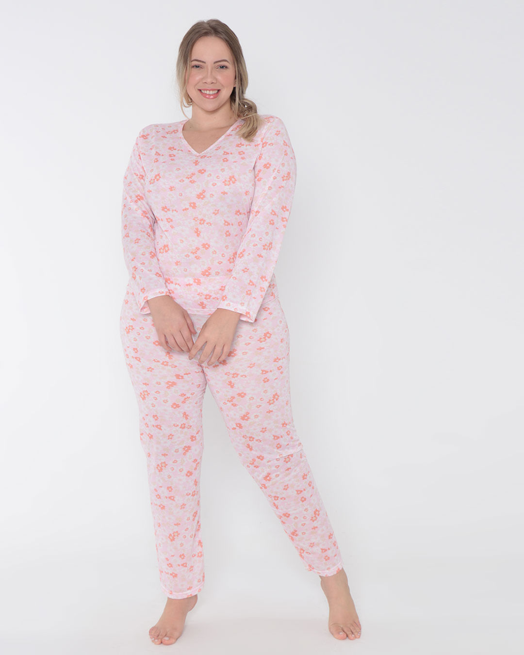 Pijama Feminino Plus Size Longo Estampa Floral Rosa