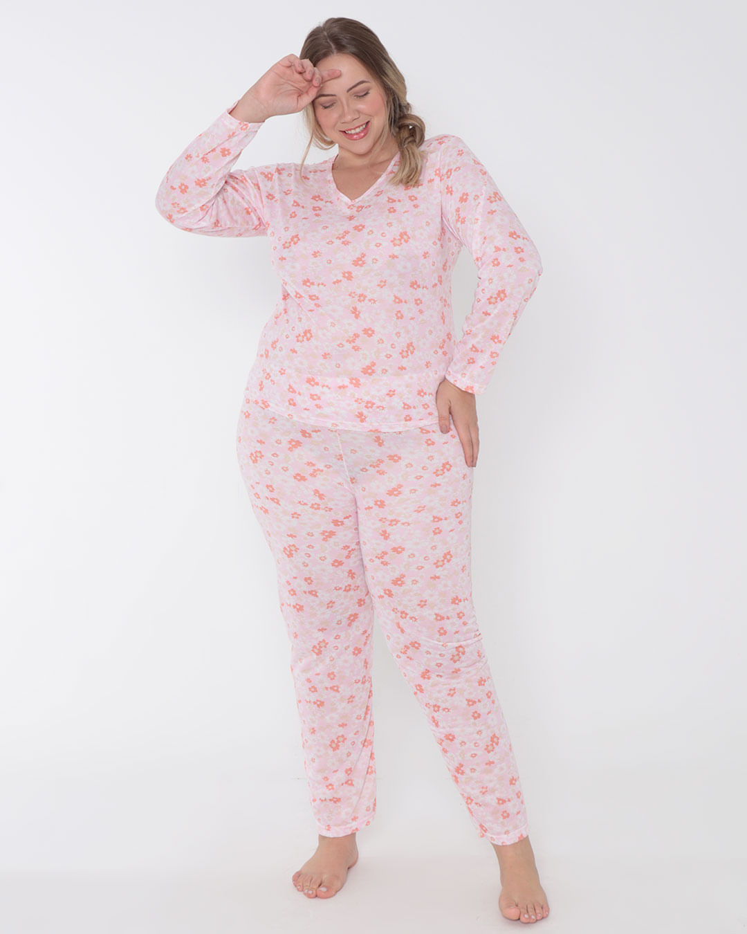 Pijama Feminino Plus Size Longo Estampa Floral Rosa