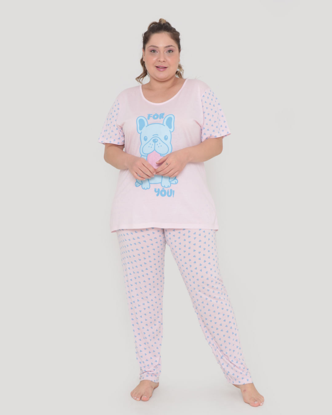 Pijama Plus Size Longo Estampa Pug Rosa Claro