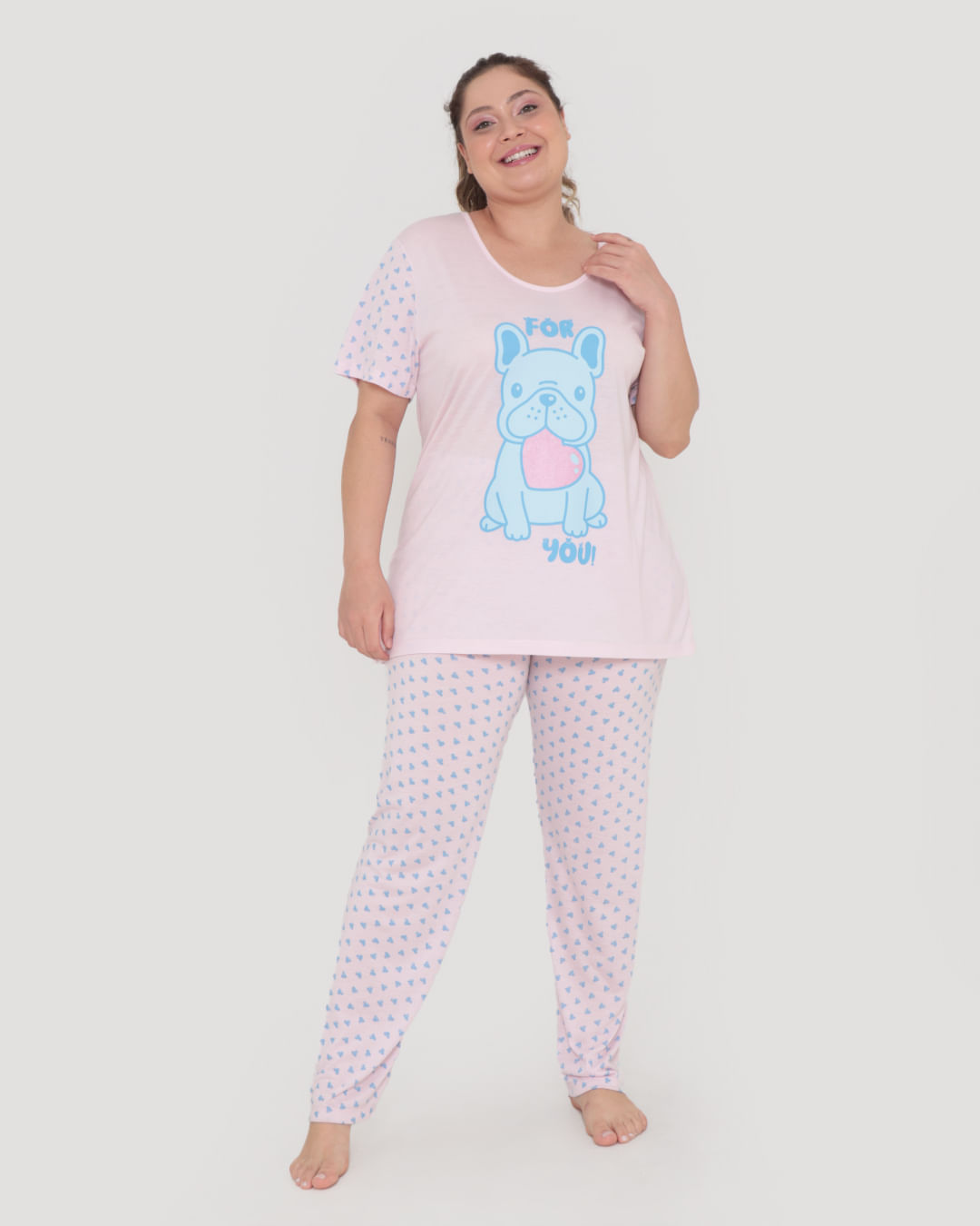 Pijama Plus Size Longo Estampa Pug Rosa Claro