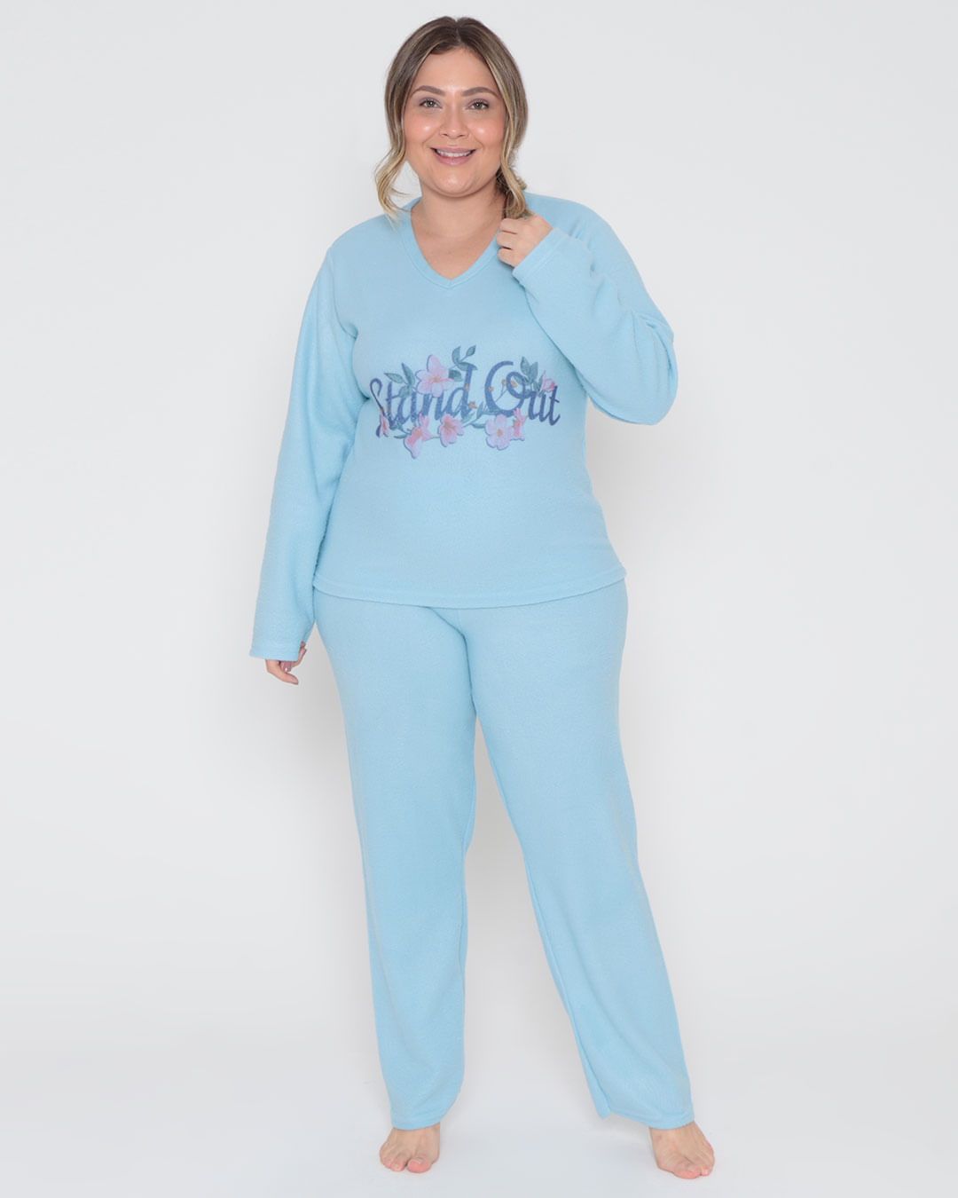 Pijama Feminino Plus Size Soft Longo Floral Azul