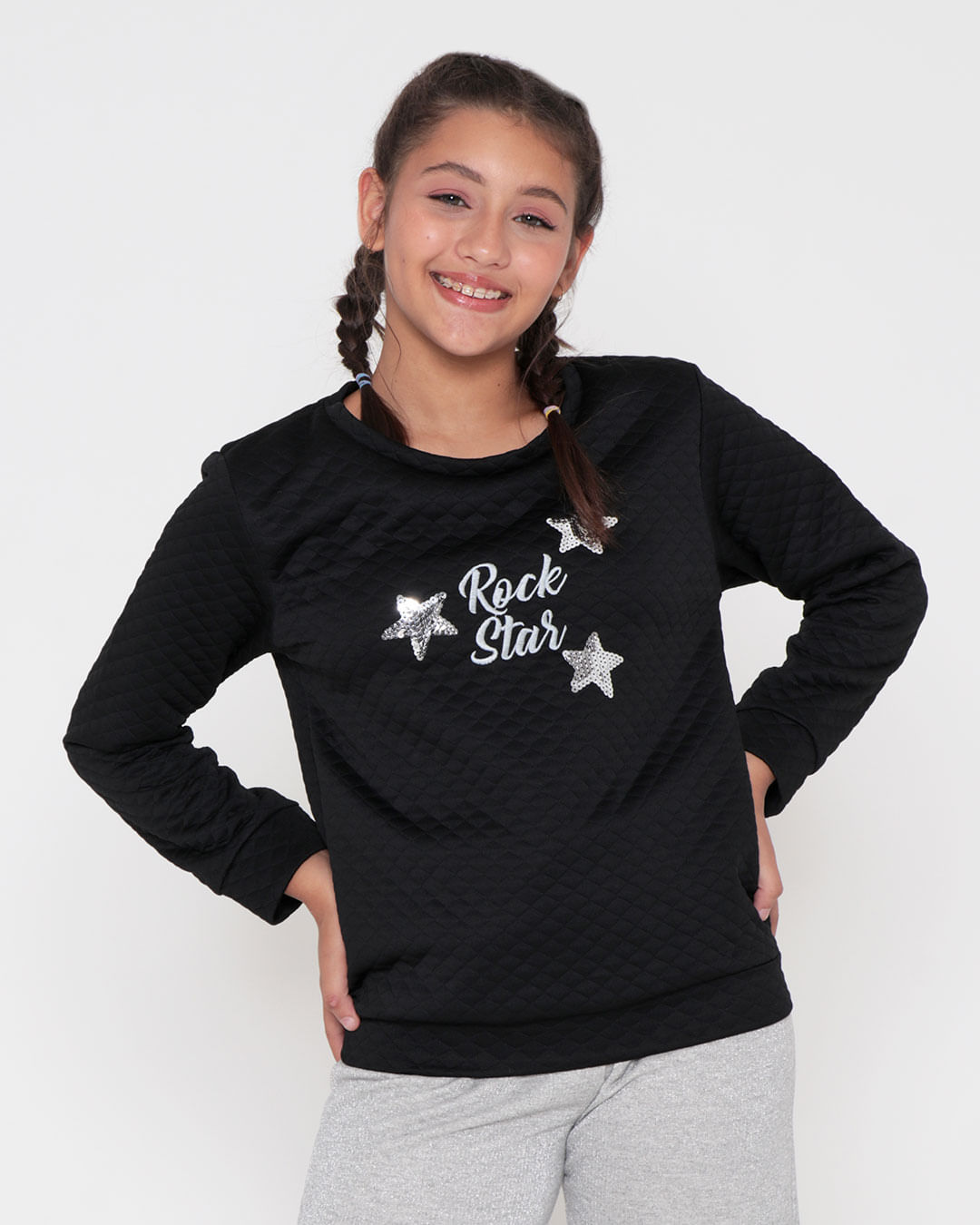 Blusa Juvenil Matelassê Rock Star Paetê Preta