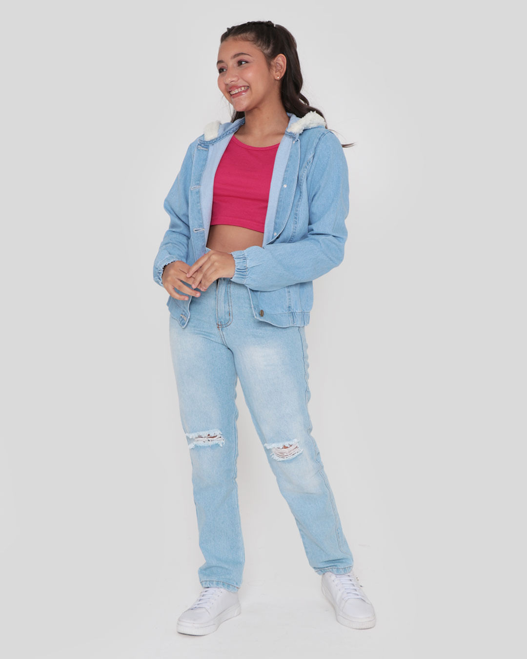 Jaqueta Jeans Juvenil Capuz Sherpa Azul Claro