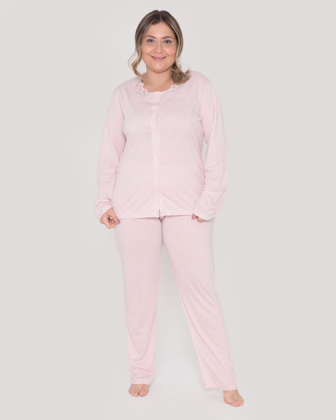 Pìjama Feminino Plus Size Longo Poá Rosa Claro