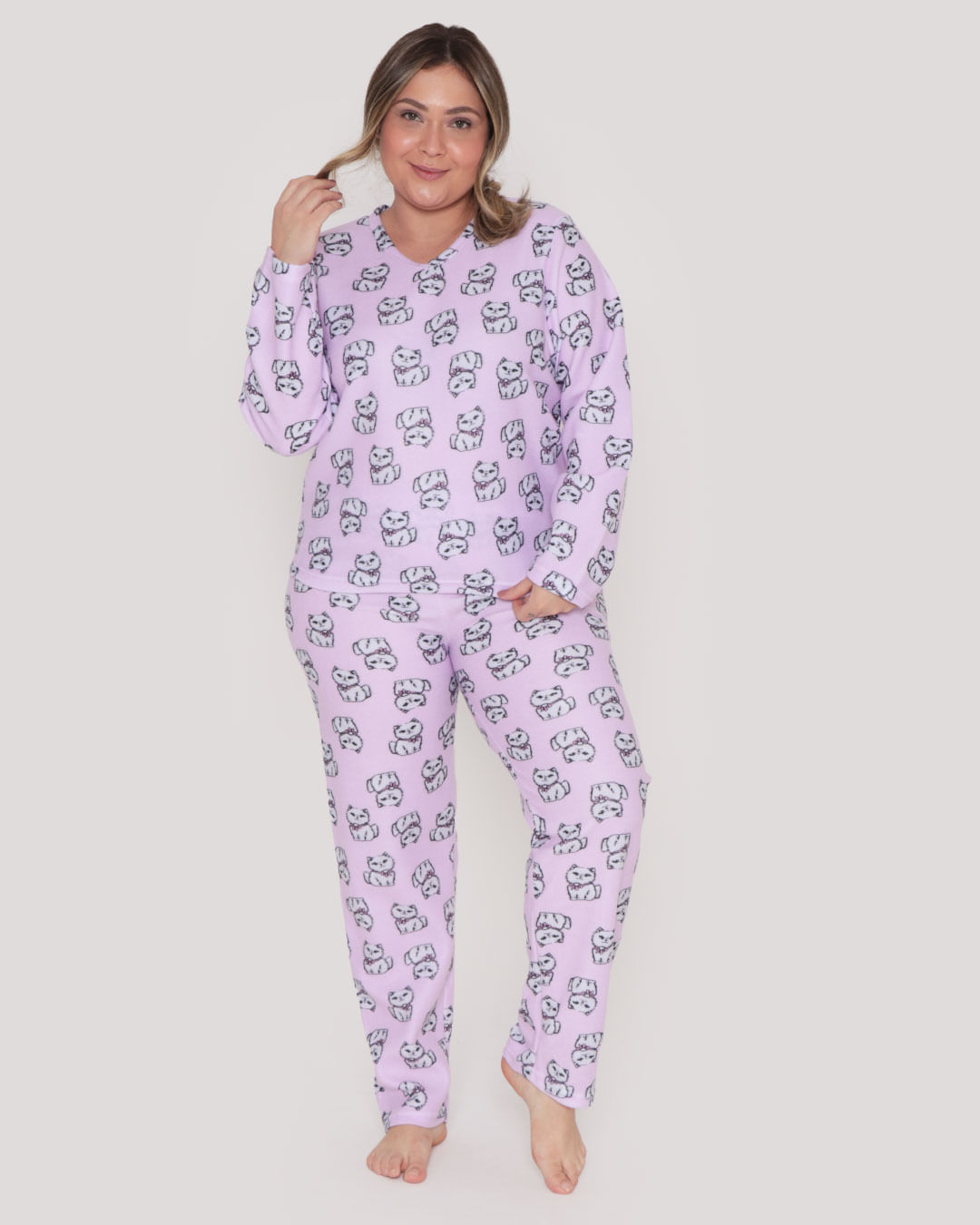 Pijama Feminino Plus Size Longo Soft Gatos Lilás Claro