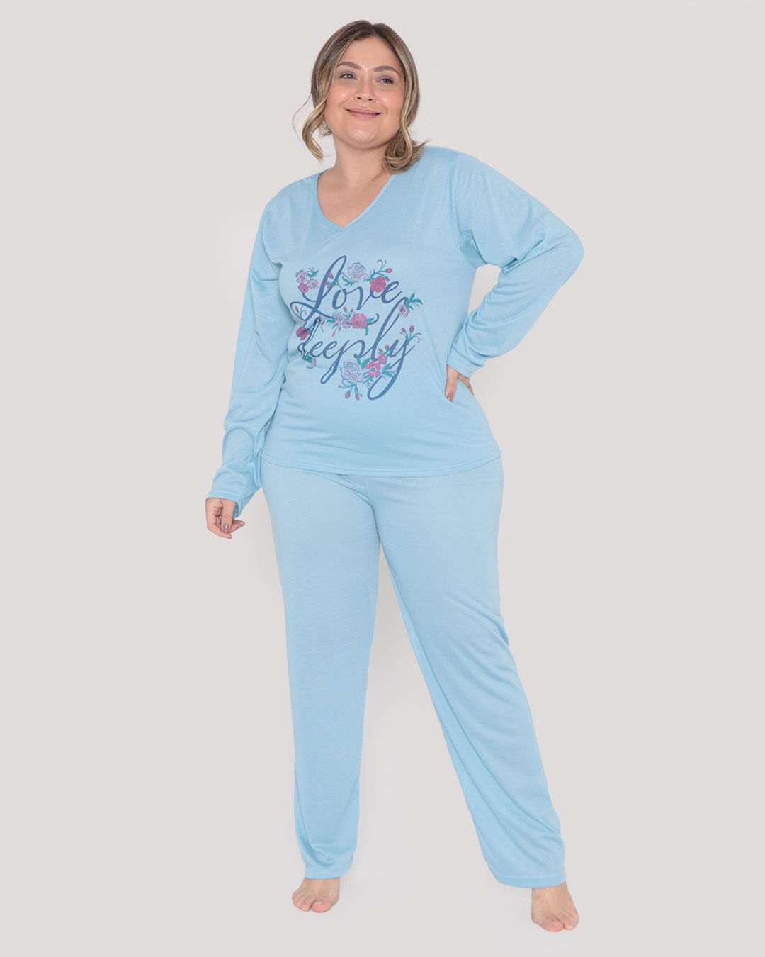 Pijama Plus Size Feminino Longo Estampa Floral Azul