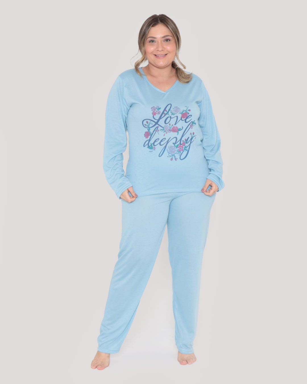 Pijama Plus Size Feminino Longo Estampa Floral Azul