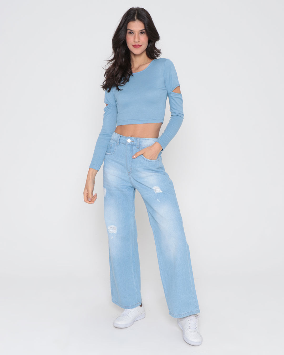 Blusa Cropped Canelada Manga Longa  Fenda Azul