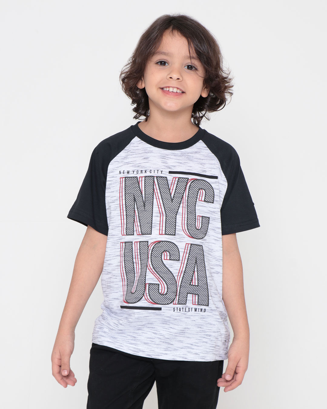 Camiseta Infantil Flamê Raglan N.Y.C. Cinza Claro