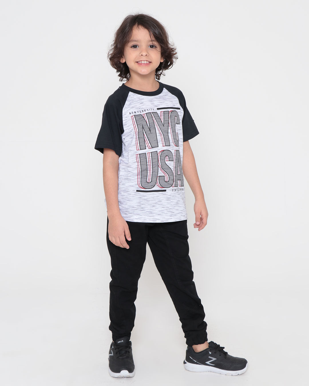 Camiseta Infantil Flamê Raglan N.Y.C. Cinza Claro