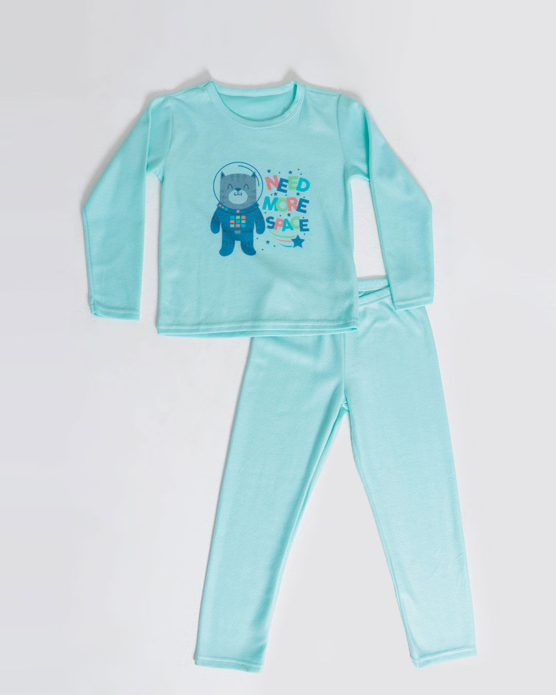 Pijama Juvenil Soft Estampa Gatinho Espacial Verde Médio