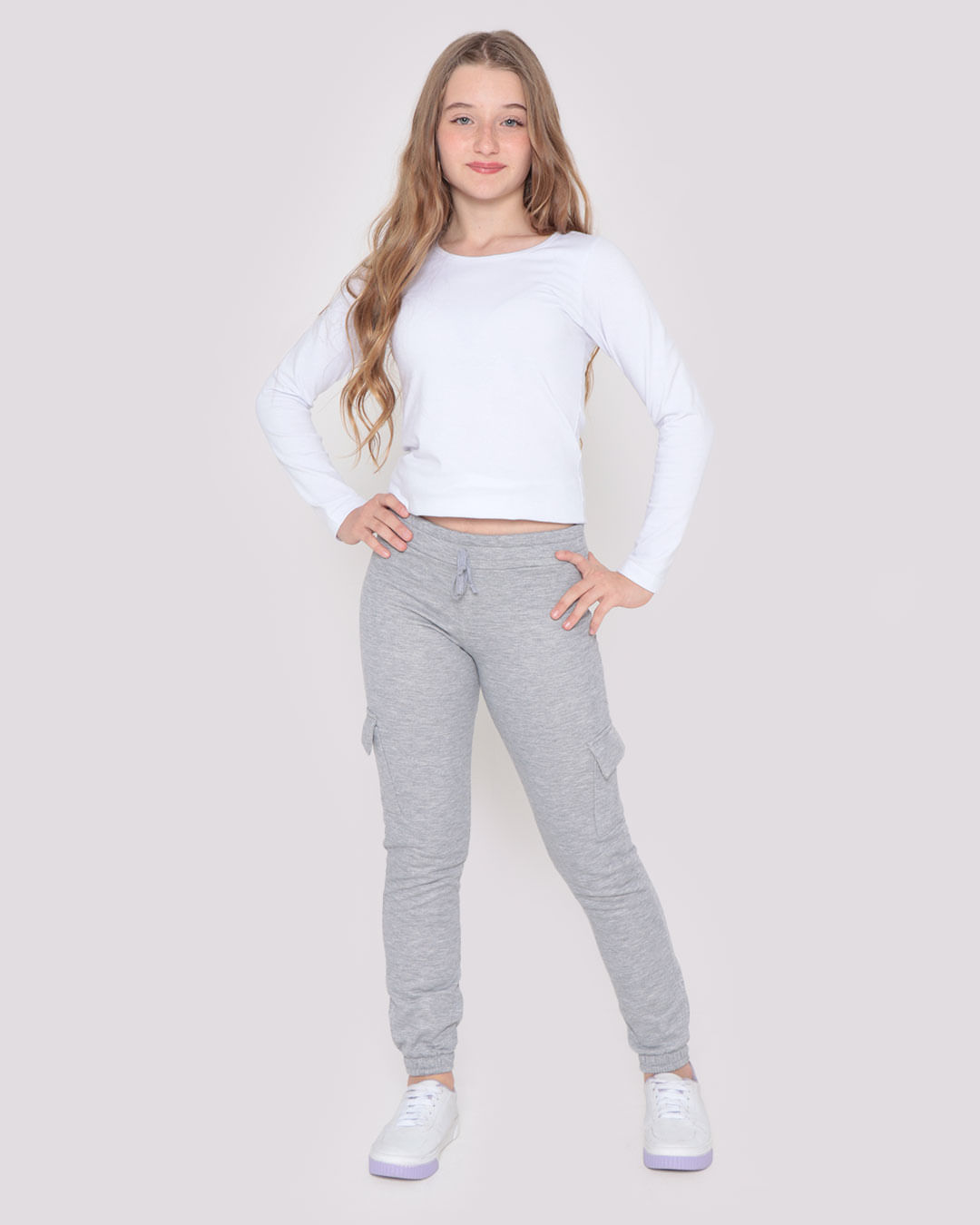 Calça Moletom Juvenil Jogger Cargo Cinza Claro