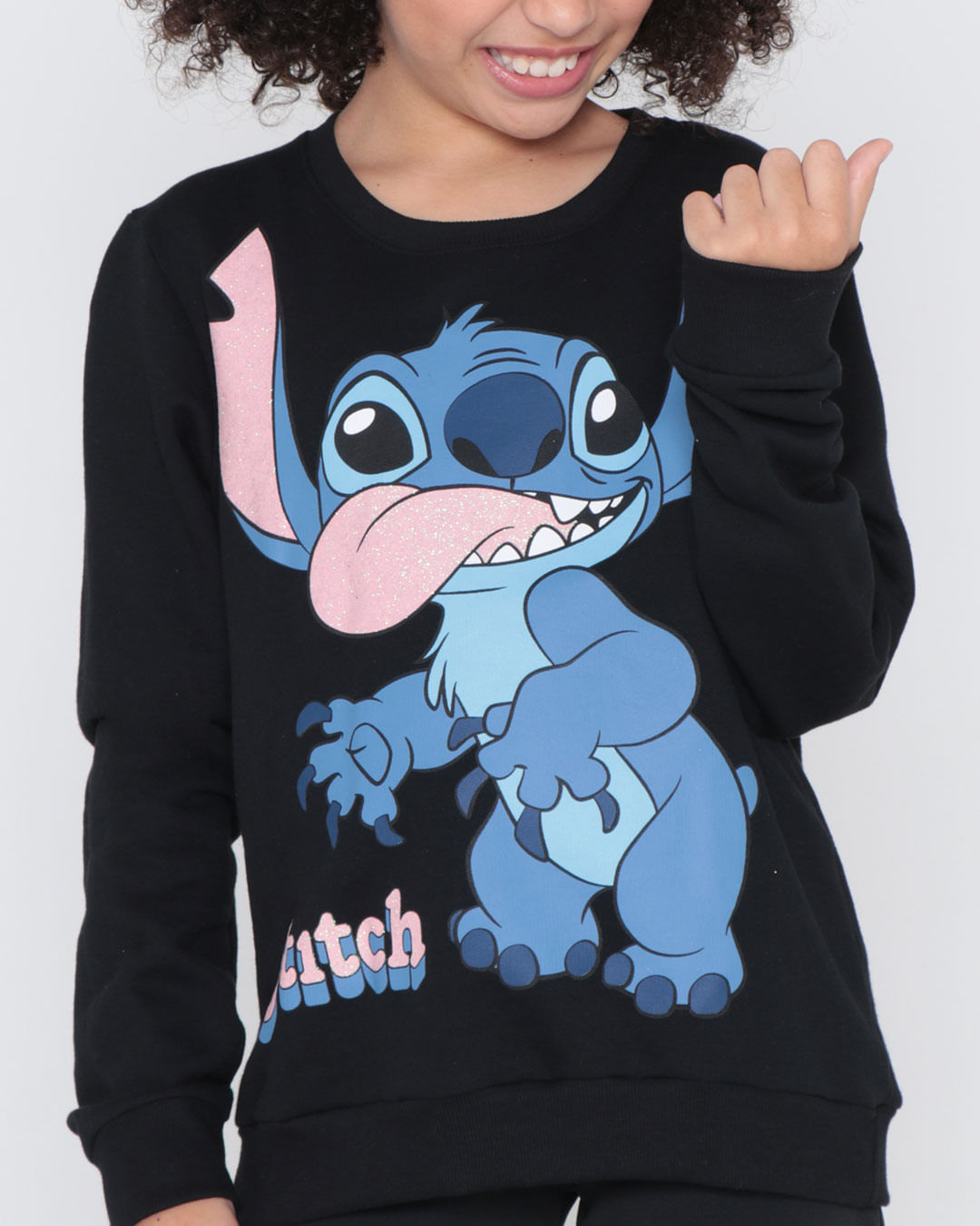 Blusa Regata Juvenil Moletinho Stitch Disney Preta