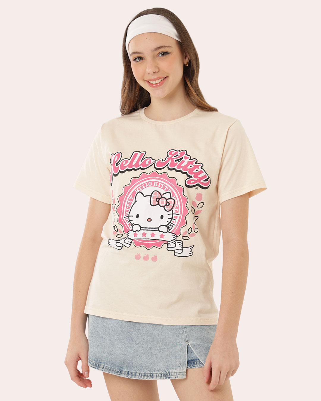 Camiseta Juvenil Oversized Sanrio Hello Kitty Bege