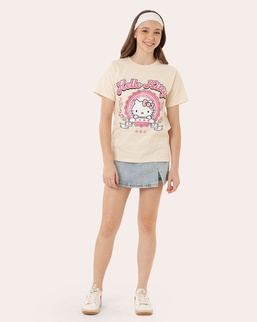 Camiseta Juvenil Oversized Sanrio Hello Kitty Bege