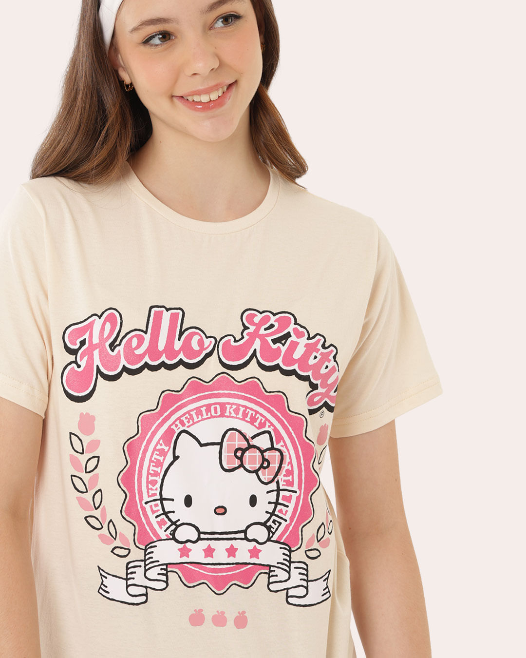 Camiseta Juvenil Oversized Sanrio Hello Kitty Bege