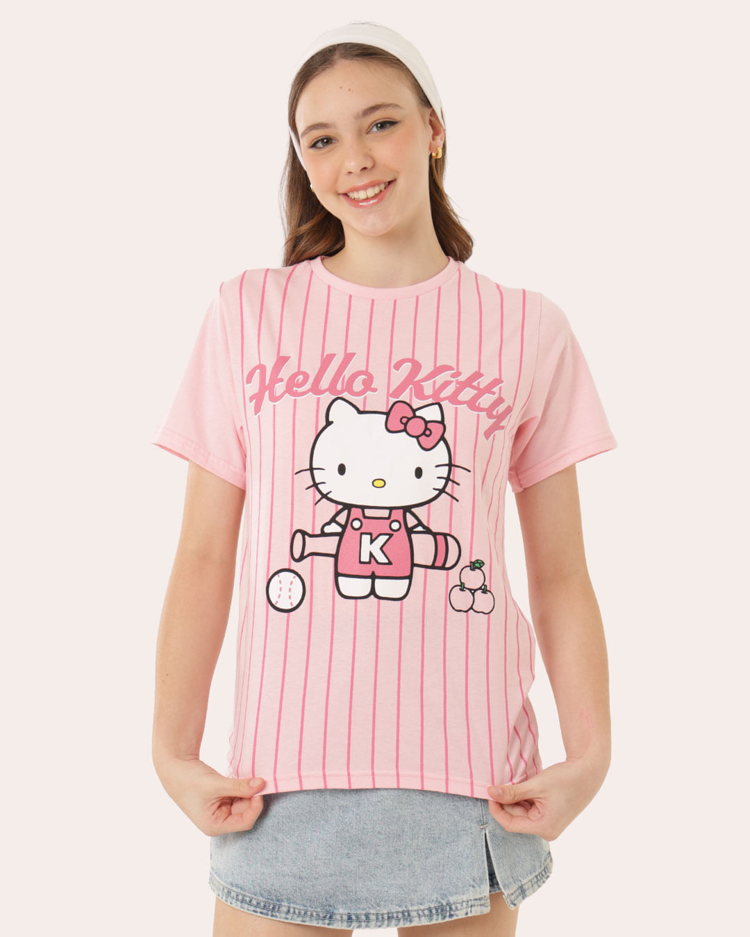Camiseta Juvenil Oversized Sanrio Hello Kitty Listrada Rosa